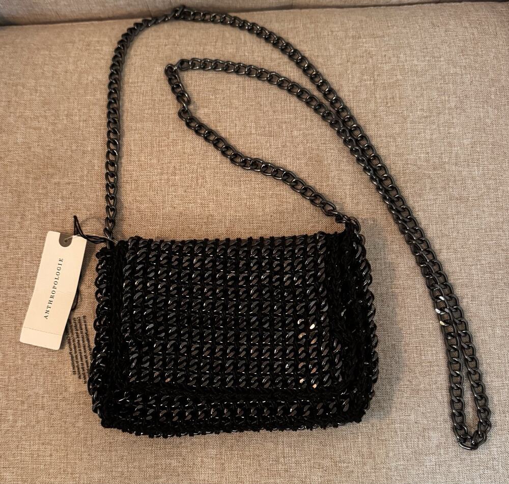 Anthropologie Metallic Black Crossbody Bag Purse NWT